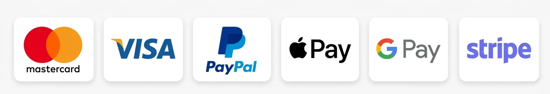 Visa Mastercard PayPal Apple Pay Google Pay Stripe